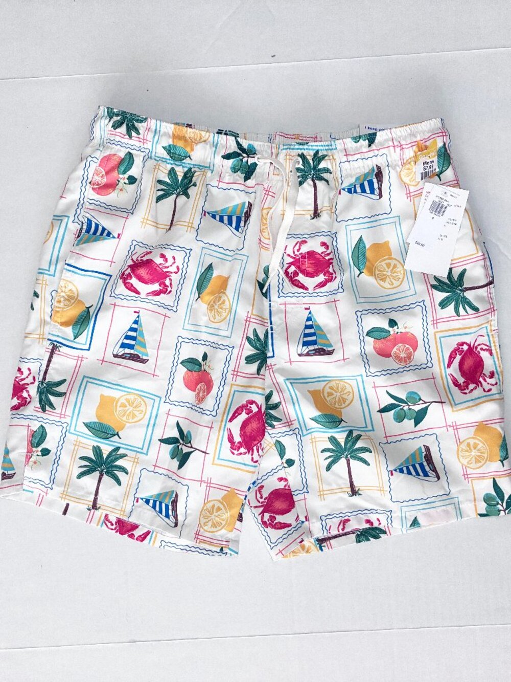Old Navy Printed Swim Trunks - White Crabs Lemons Sailboats Palms - Size Small